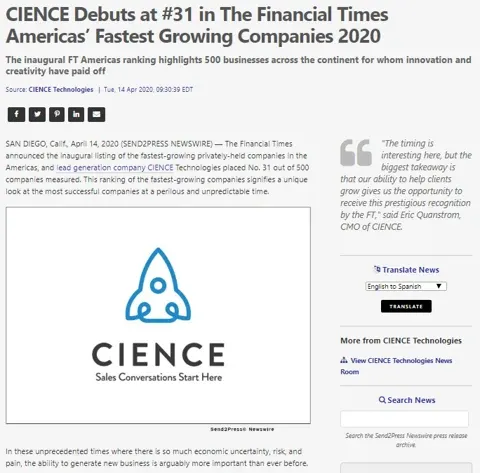 CIENCE Debuts at #31 in The Financial Times Americas' Fastest Growing Companies 2020