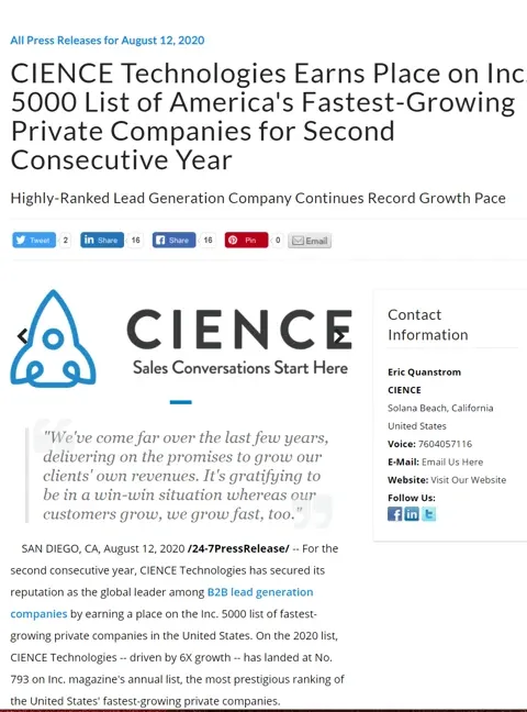 CIENCE Technologies Honored on Inc. 5000 List of America's Fastest-Growing Companies for Second Consecutive Year