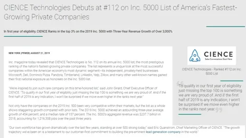 CIENCE Technologies Debuts at #112 on Inc. 5000 List of America's Fastest-Growing Private Companies
