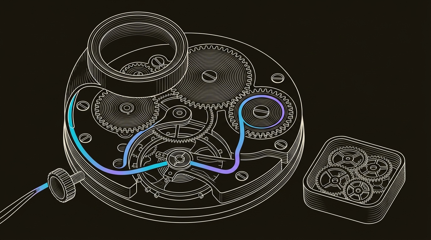 Line-engraving of the watch movement assembled under a jeweler's loupe, one gradient signal path running through fitted gears while excess gears rest in a tray: the ABM mechanism repaired.