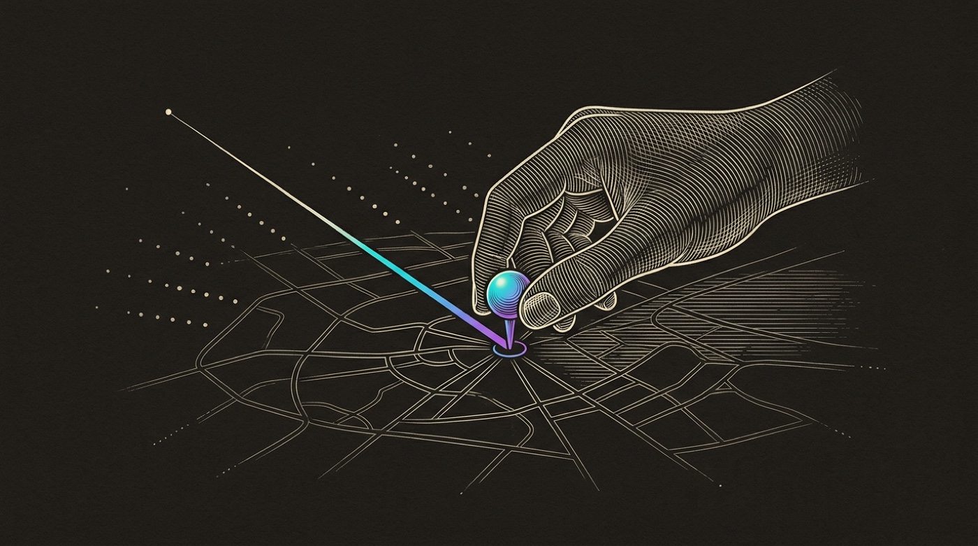 Line-engraving of a hand placing one gradient-lit pin on a map, a single connecting line reaching the one buyer while scattered dots recede: the signal resolved into the meeting.