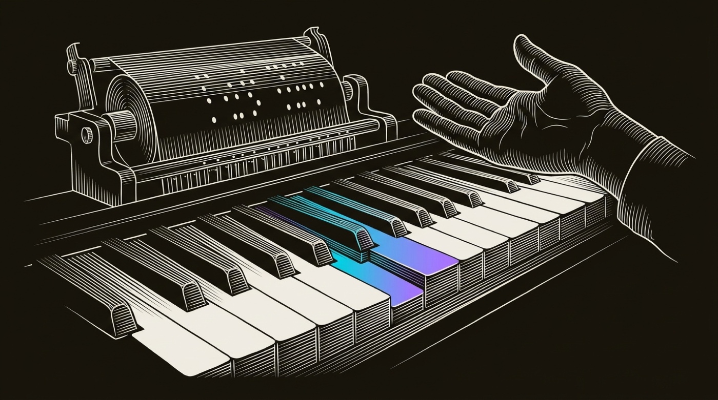 Line-engraving of player-piano keys mid-performance, a human hand lifting away above them as the machine plays on, the gradient concentrated at the struck keys.