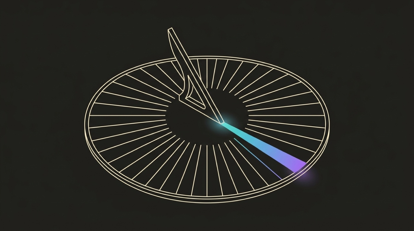 Line-engraving of a sundial dial, the gnomon's single gradient shadow arrived dead-on its marked hour line, a soft glow where it lands: the meeting set and kept.
