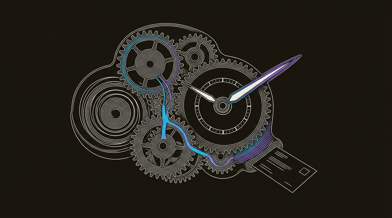 Line-engraving of the appointment-setting watchwork finished: the gears are interlocked, the follow-up spring is wound, the calendar dial is aligned, and the meeting hand clicks into place.
