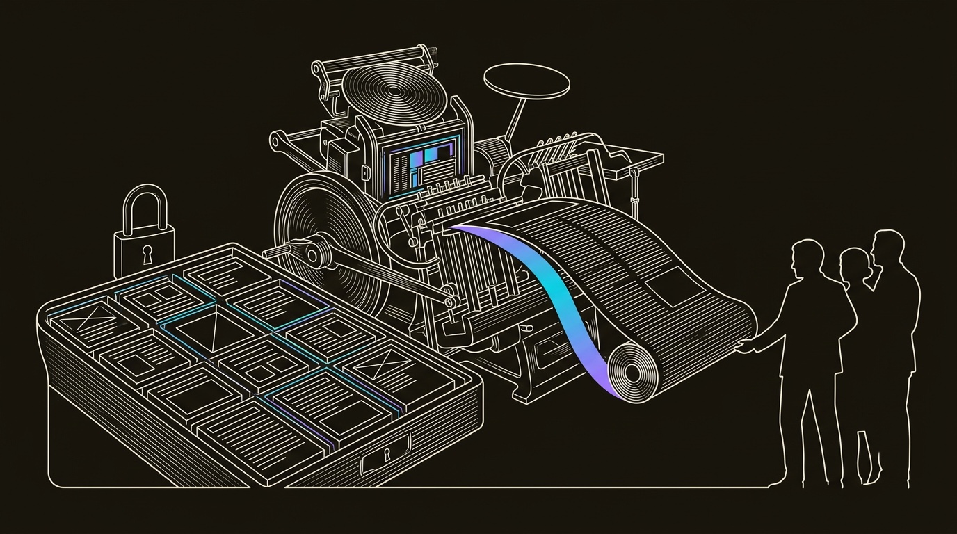 Line-engraving of a finished broadsheet rolling out of the same letterpress toward attentive buyers, a single gradient ink ribbon carrying the content into market demand.