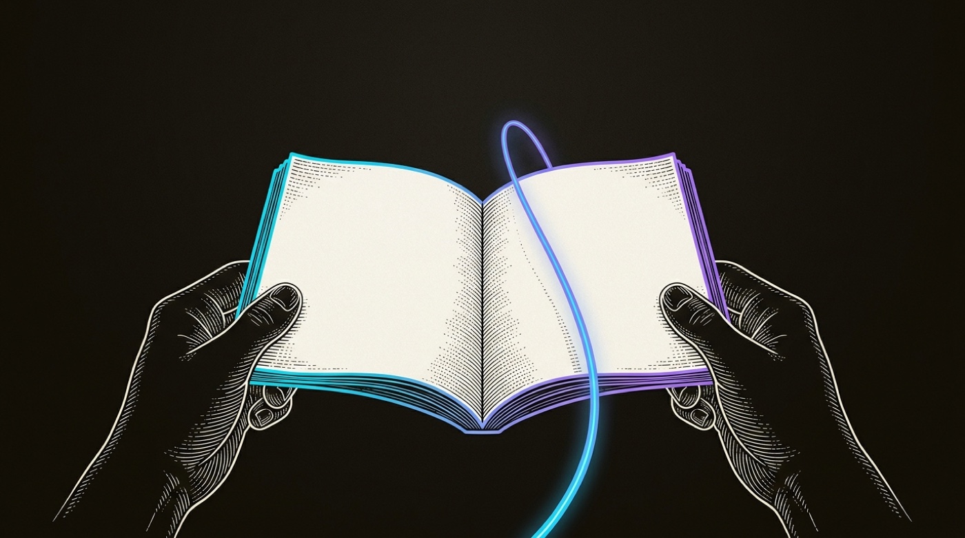 Line-engraving of a reader's hands holding open the one page that arrived, a single gradient signal thread rising from it: the right buyer received the right content.