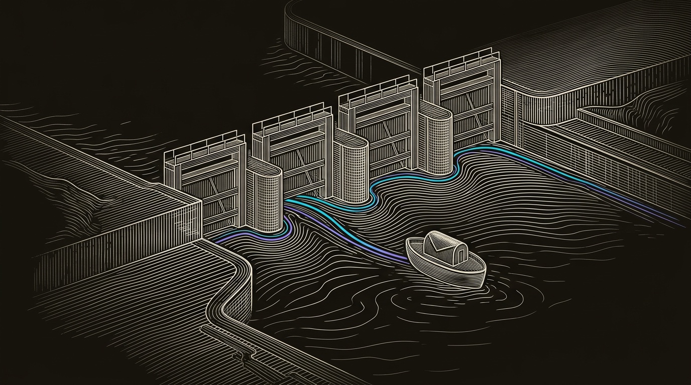 Line-engraving of the same canal lock after the route is complete: one message capsule rests in the inbox basin with all four deliverability gates aligned behind it.