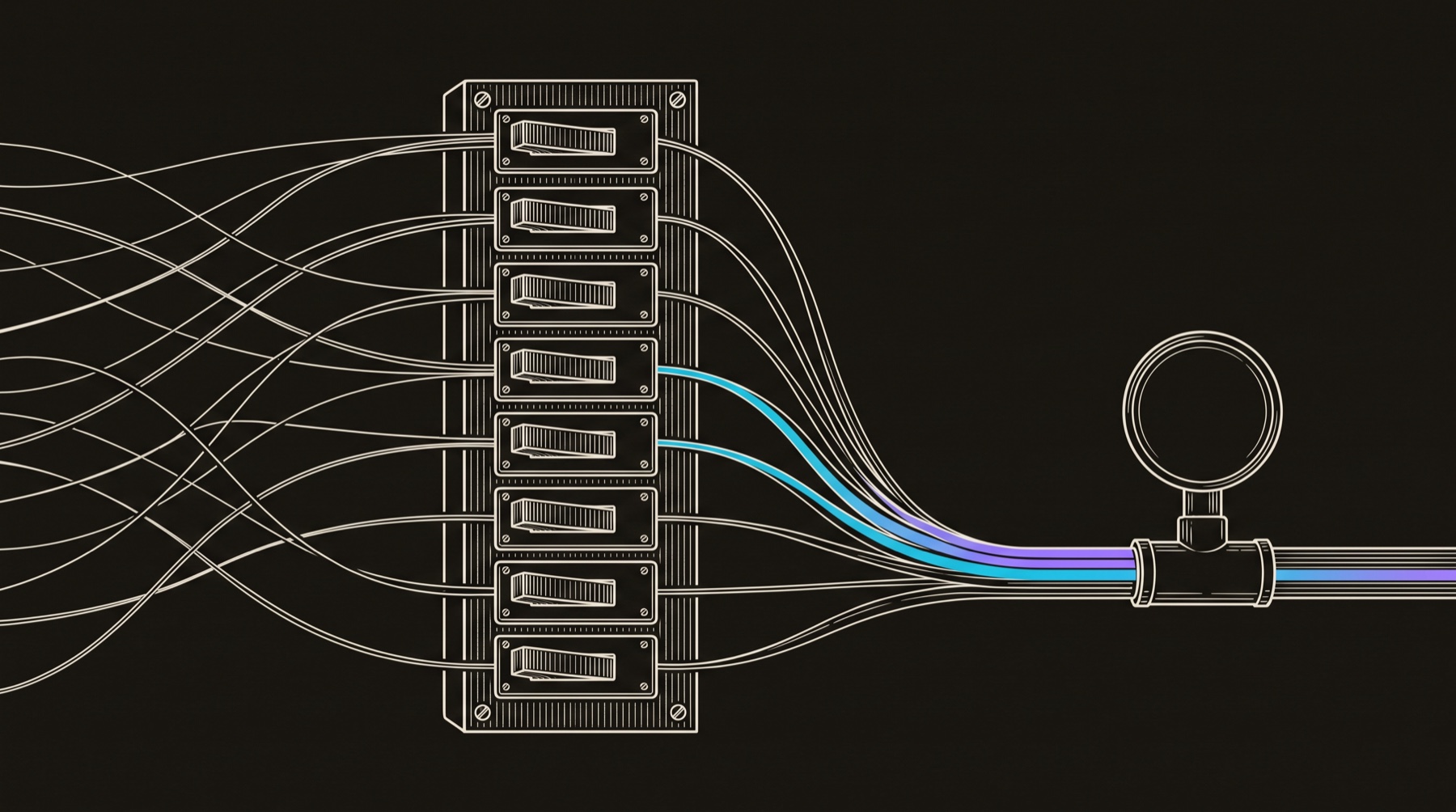 Line-engraving of eight blank relay-room switches aligned into one steady cyan-to-violet output conduit and a quiet pipeline gauge: every B2B lead generation hack routed into one system.