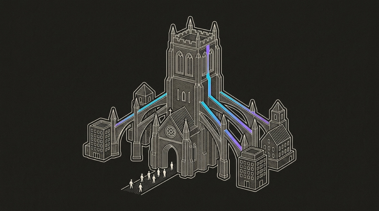 Line-engraving of a completed authority cathedral with outside buttresses locked into the central tower and small visitors entering through the front arch.