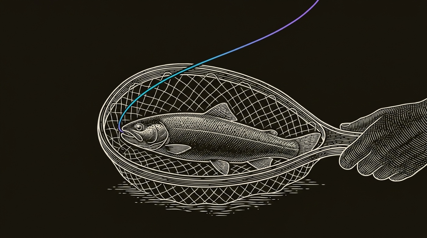 Line-engraving of one fish landed in a net held by a hand, the gradient line taut from the fish out of frame: the one real lead, hooked and won.