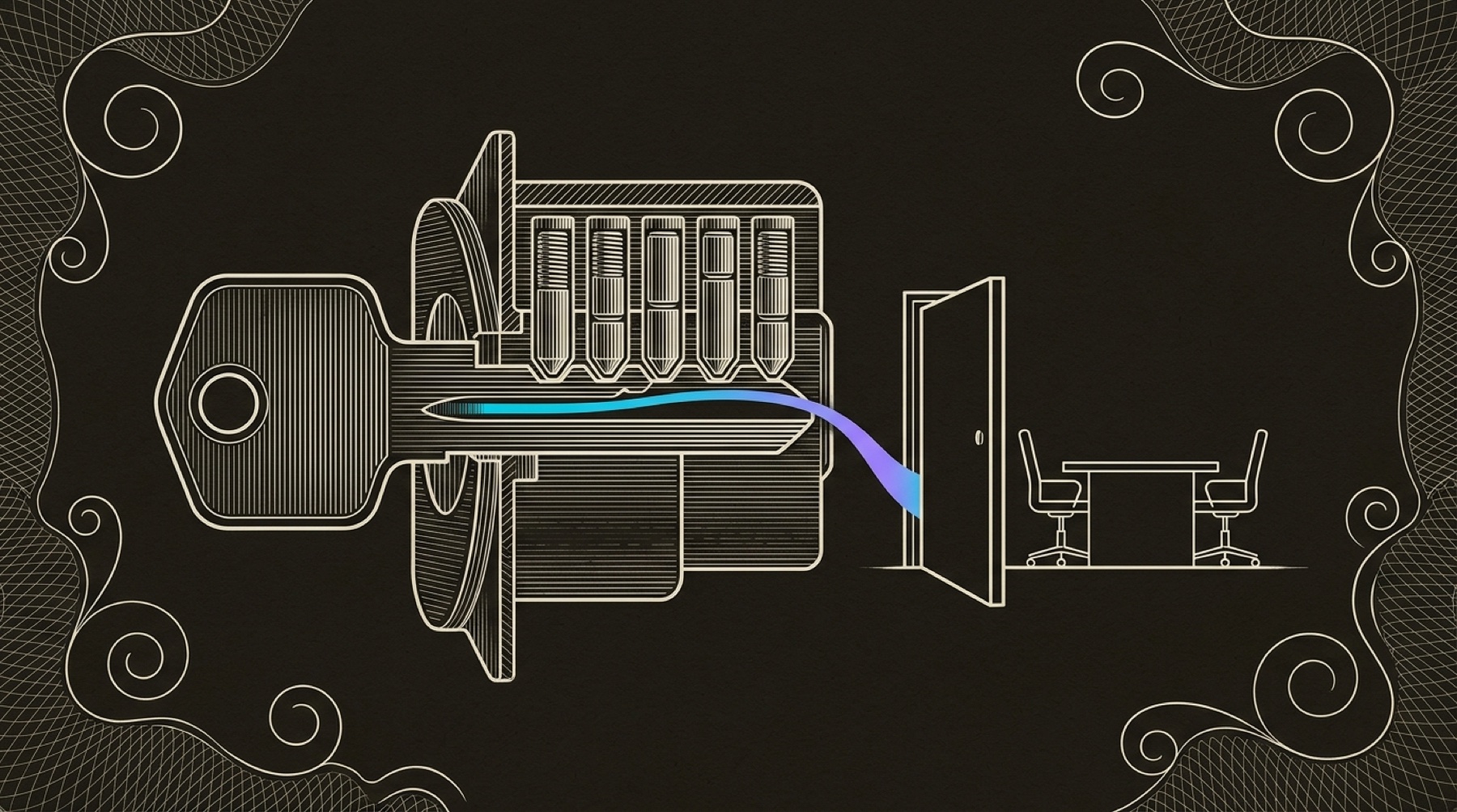 Line-engraving of the finished custom-cut key turning in the lock while a narrow door opens to a meeting table beyond: the pitch fits, the next step earned.