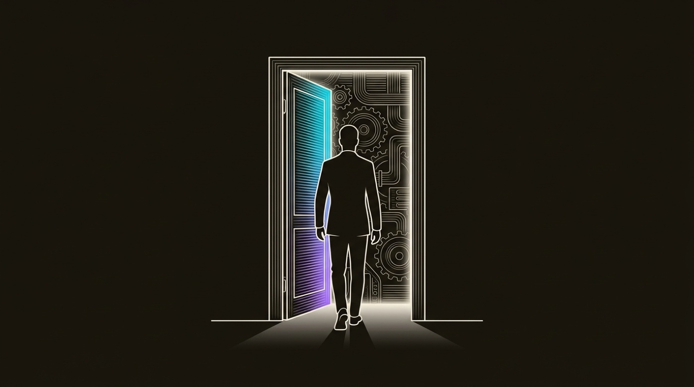 Line-engraving of one figure stepping through a single lit doorway into the gears of the revenue engine beyond: the qualified visitor, chosen and routed.
