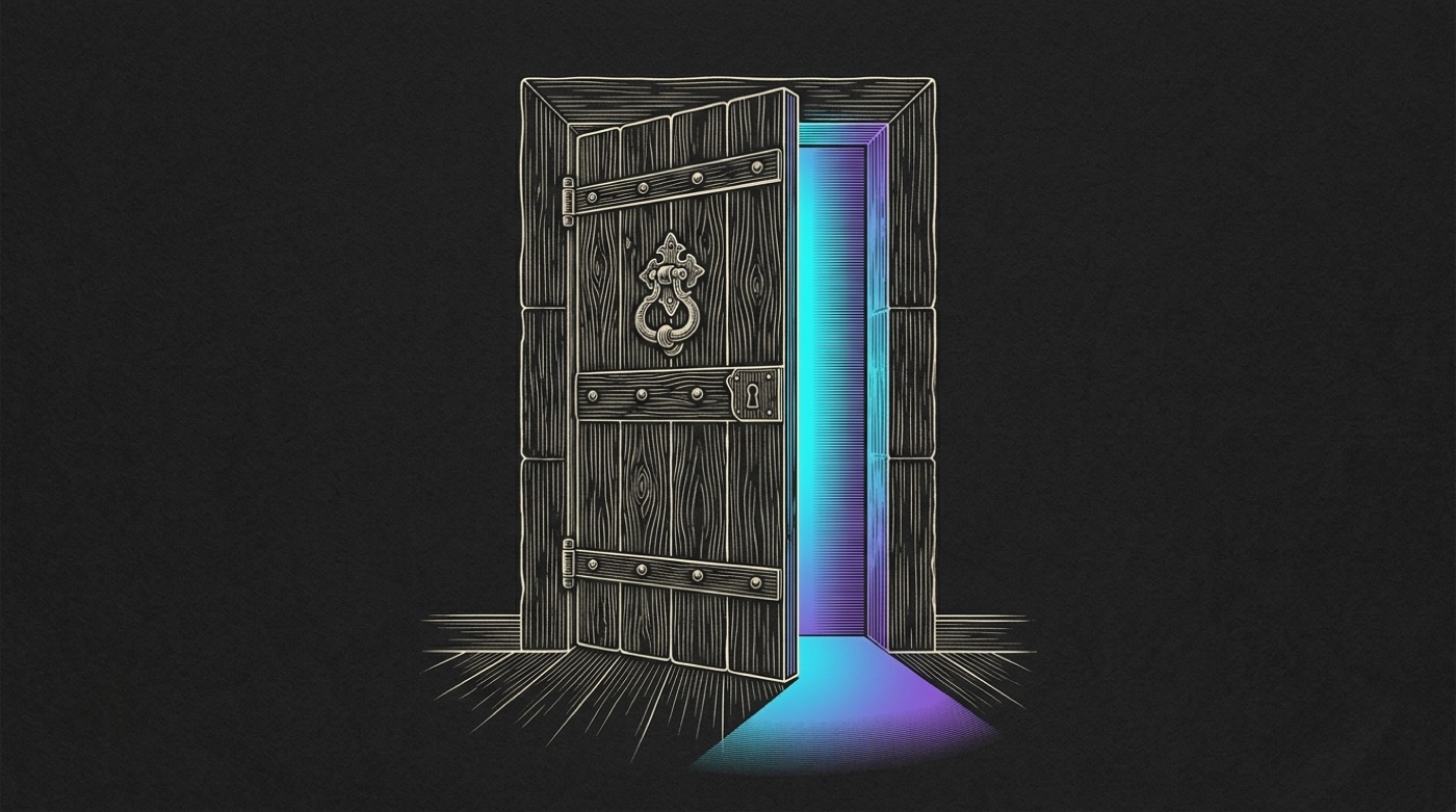 Line-engraving of the same heavy door now open a crack, warm gradient light spilling out through the gap: the email opened, the reply earned.