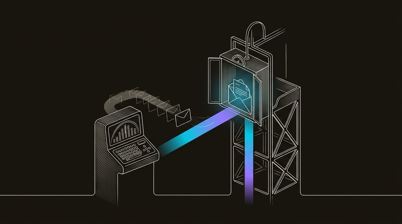 Line-engraving of the envelope elevator arrived at the top inbox floor, doors open and a reply slip lit inside: the timed cold email reached the window before it closed.