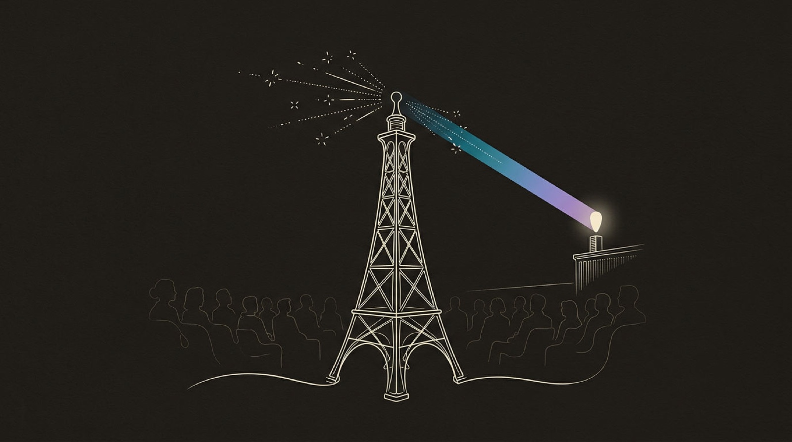 Line-engraving of the relay tower sending one steady cyan-to-violet trust beam to a lit response marker while audience silhouettes sit quietly around it: the brand engagement signal connected.