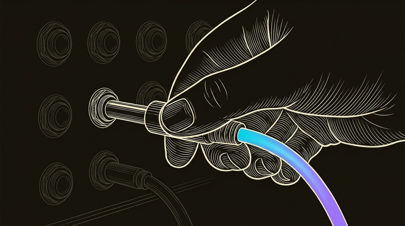 Line-engraving of a hand seating a single patch cable, gradient signal flowing through the one live connection.
