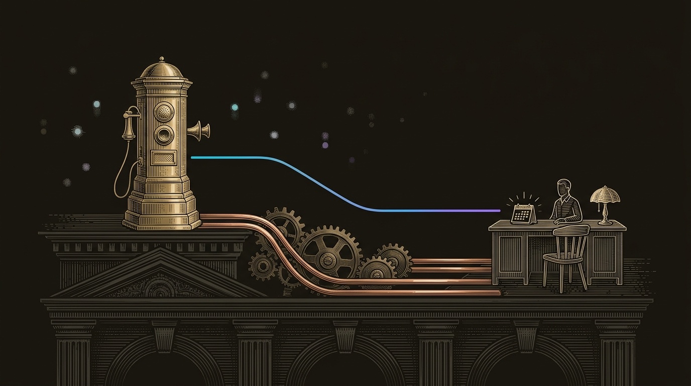 Line-engraving of the same intercom routing tower after the handoff is complete, one gradient line running from the resolved visitor to a live agent desk and lit meeting marker while idle questions fade behind.