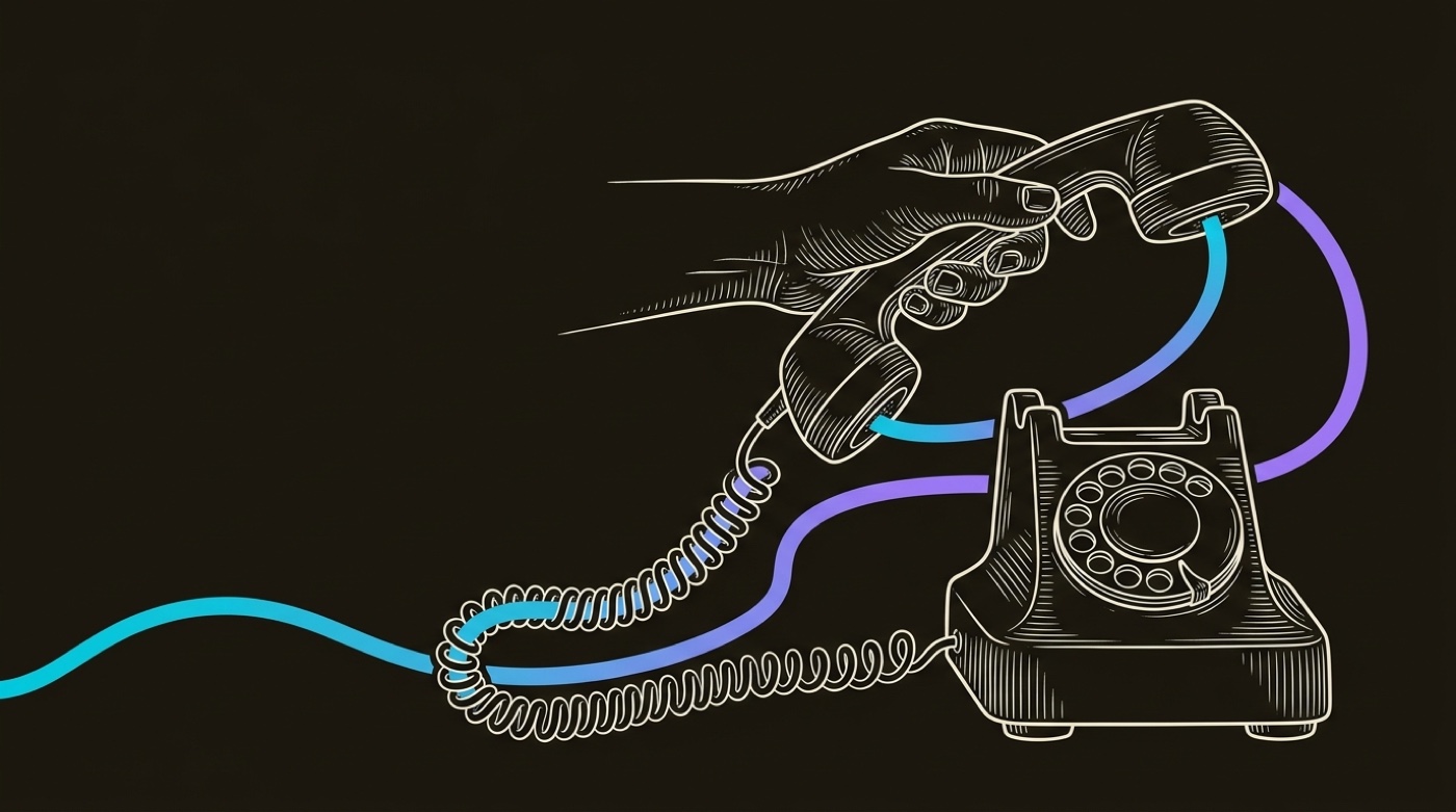 Line-engraving of a hand lifting a telephone handset, the gradient cord completing the circuit back to the phone: the call answered, the connection made.