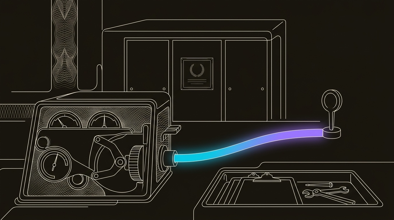 Line-engraving of the same standards lab after the rebuild: the award plaque archived behind a finished GTM control mechanism, with one gradient signal leaving aligned gauges toward a meeting marker.