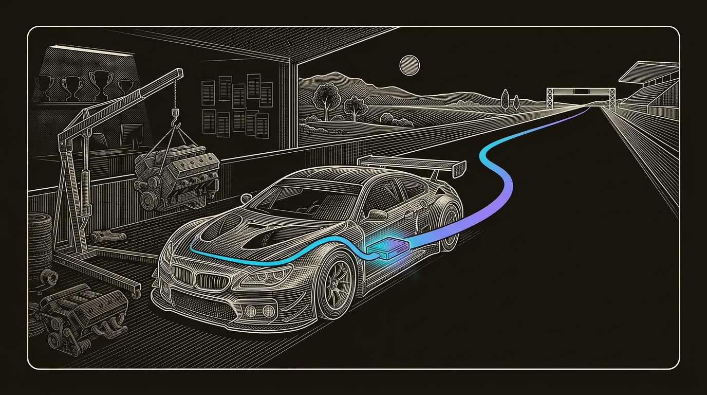 Line-engraving of the rebuilt race car leaving the pit lane, with archived timing slips behind it and one cyan-to-violet signal line running from the new control module toward a clean finish marker.