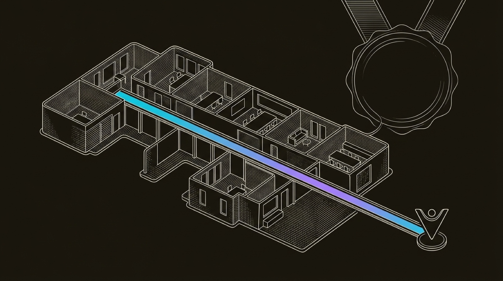 Line-engraving of the inclusive workplace floor plan rebuilt into a finished GTM control room, with a cyan-to-violet path running to a clean outcome marker.