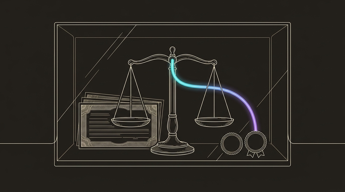 Line-engraving of a balanced awards scale and two blank seal medallions archived in a glass case, with one cyan-to-violet signal line joining employee feedback to recognized workplace proof.