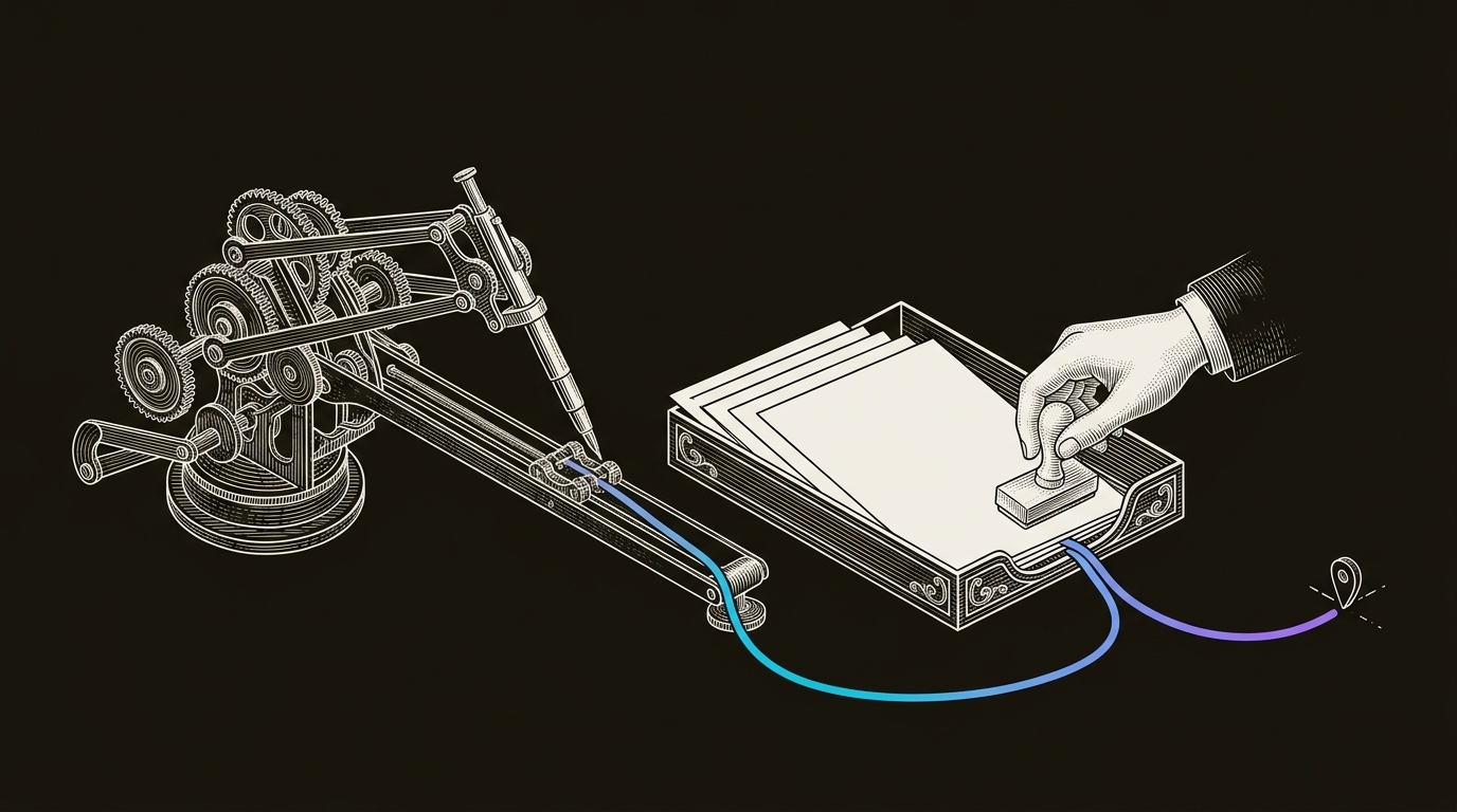 Line-engraving of the automated composing desk after approval, with four finished outreach sheets sorted into an outbound tray and one signal cord leading toward a meeting marker.
