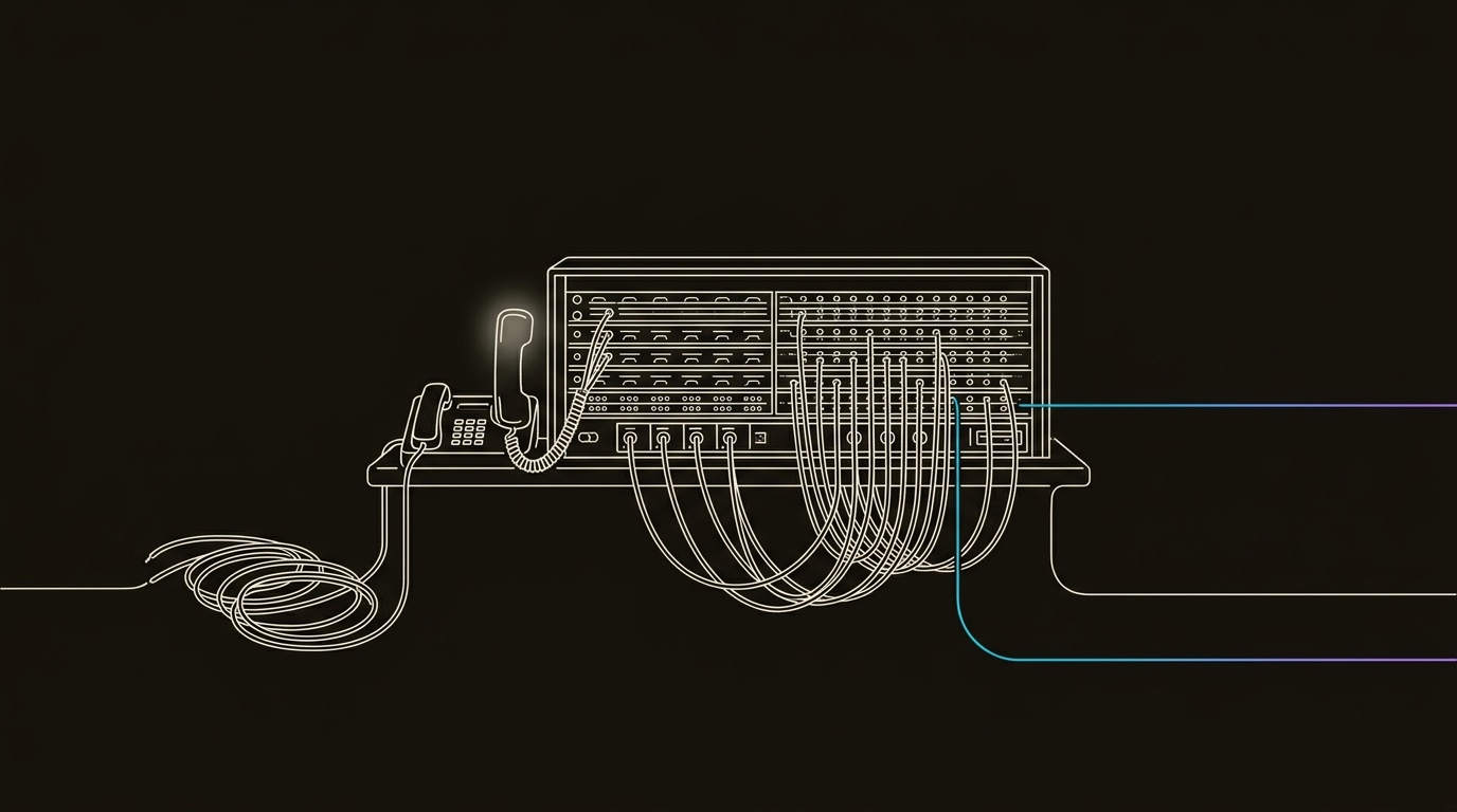 Line-engraving of the telephone cable calibration bench after the retest, with dead leads coiled aside and one clean cyan-to-violet mobile signal leaving the verified rack.