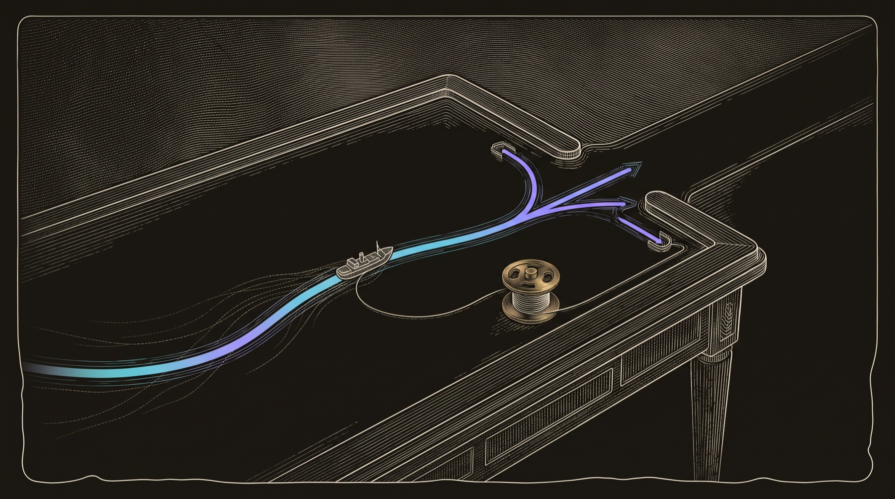 Line-engraving of the harbor signal table after routing is complete, with one resolved vessel track tied to multiple destination berths and a replay spool beside the current.