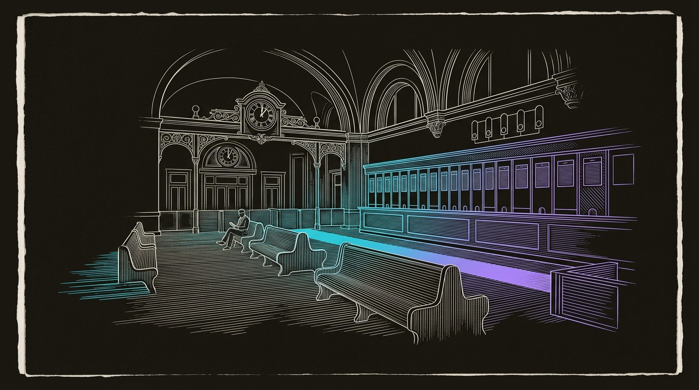 Line-engraving of the same railway booking hall after routing is complete, with calendar boards calm, one cyan-to-violet platform path locked, and the confirmed meeting held at the gate.