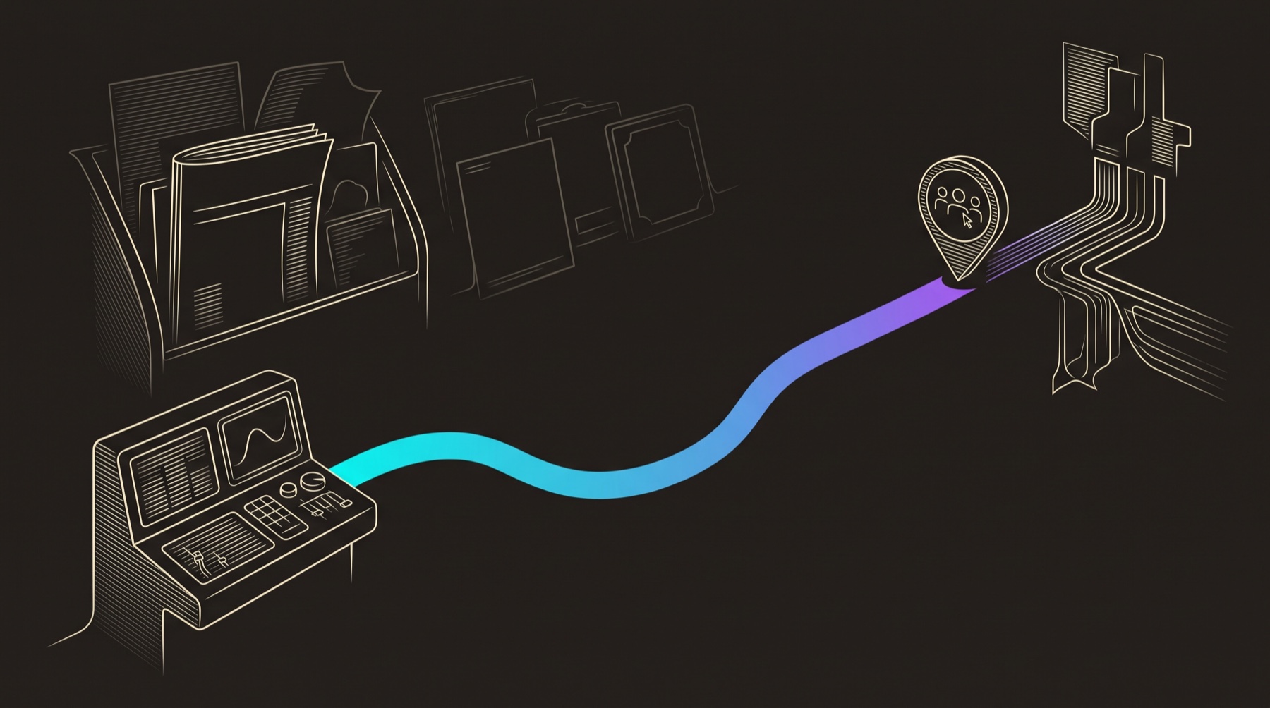 Line-engraving of the agency-ranking issue archived beside a finished graph8 operating console, sending one cyan-to-violet signal toward pipeline output.