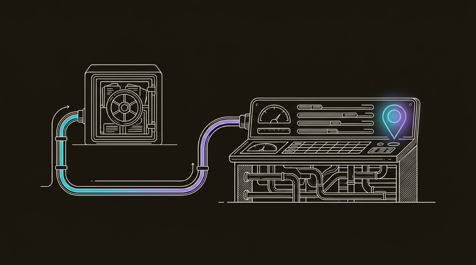Line-engraving of a sealed proof vault connected by one cyan-to-violet conduit to a finished graph8 GTM control console with a meeting marker lit at the end.