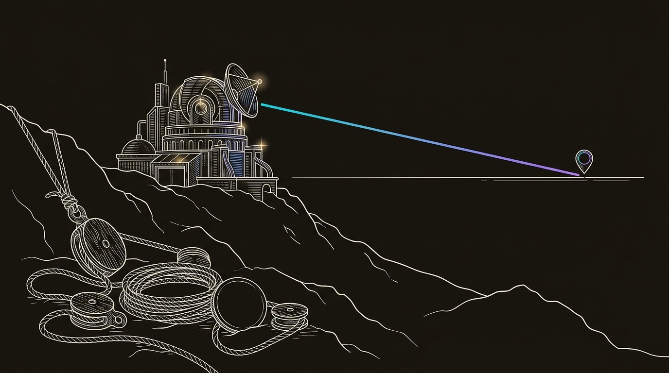 Line-engraving of the completed growth observatory sending one cyan-to-violet route toward a distant meeting marker while the old rope-and-pulley gear rests retired on the mountain slope.