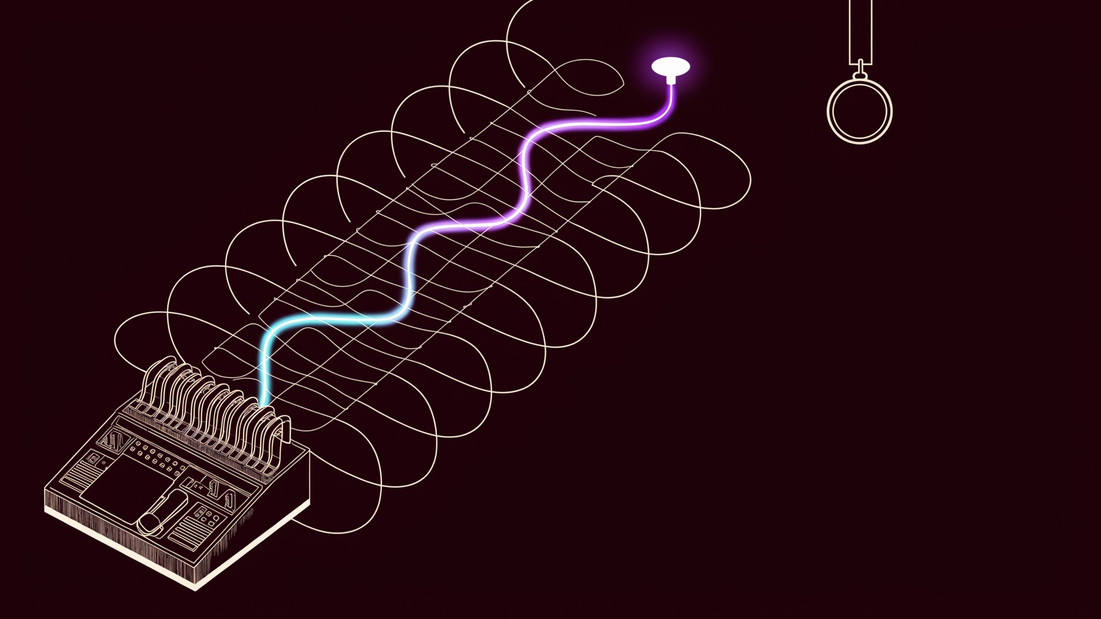 Line-engraving of an unplugged call-center switchboard whose coiled cords become a clean engineered routing grid carrying one gradient signal toward a booked meeting light.