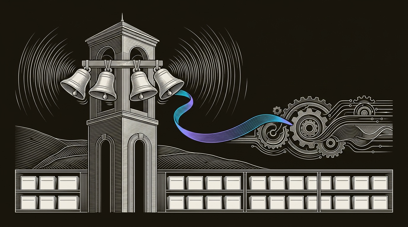 Line-engraving of a four-bell tower sending one cyan-to-violet signal ribbon into a graph8 operating mechanism, with archived employee rating slips below.