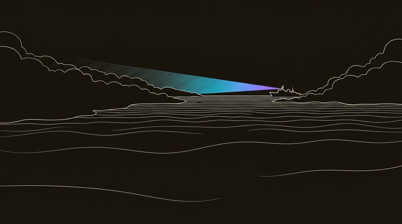 Line-engraving of a distant ship answering through parting fog with its own gradient beam of light: the cold call connected, the stranger reached.