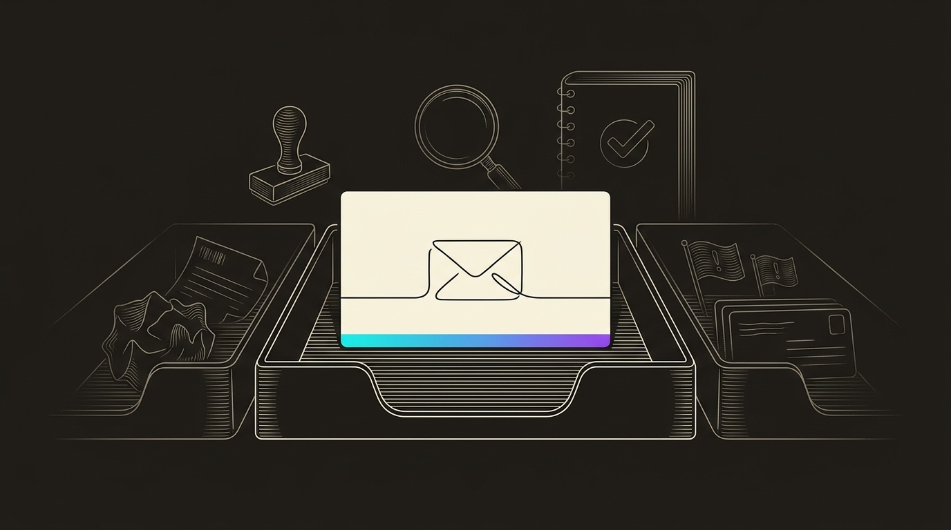 Line-engraving of a delivered message card resting in an inbox tray while rejected bounce slips and stale address cards sit in side bins.