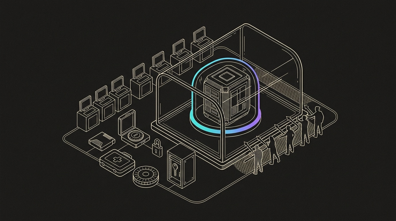 Line-engraving of a sealed cleanroom chamber around a protected data core, with security workstations and controlled access outside the glass.