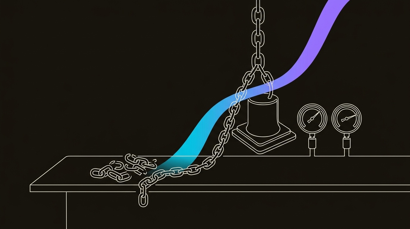 Line-engraving of a clean authority chain lifting from a proof-load bench while broken weak links sit aside and two gauges settle high.