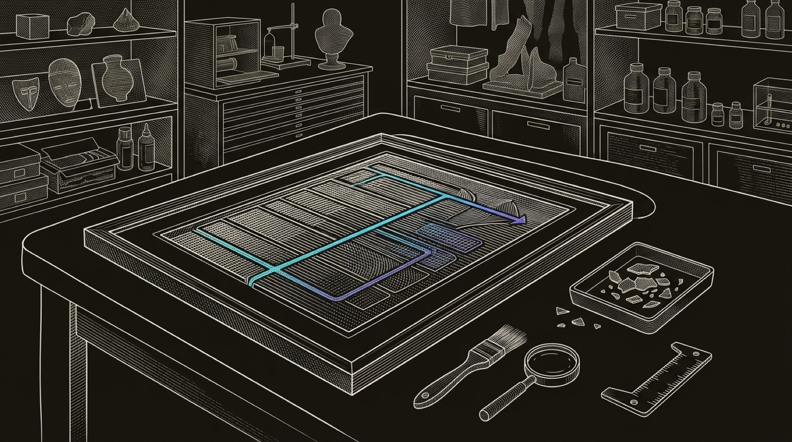 Line-engraving of the restored contact-record panel sealed in an archival frame, with loose flakes swept aside and one cyan-to-violet preservation line leaving toward outbound execution.
