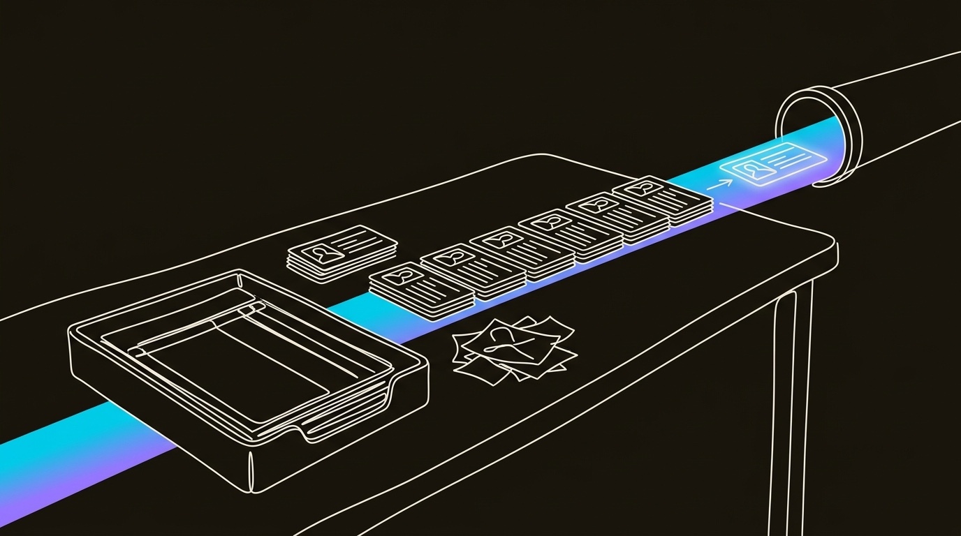 Line-engraving of verified contact cards aligned on a restoration bench and leaving on one gradient route toward a sales pipeline.