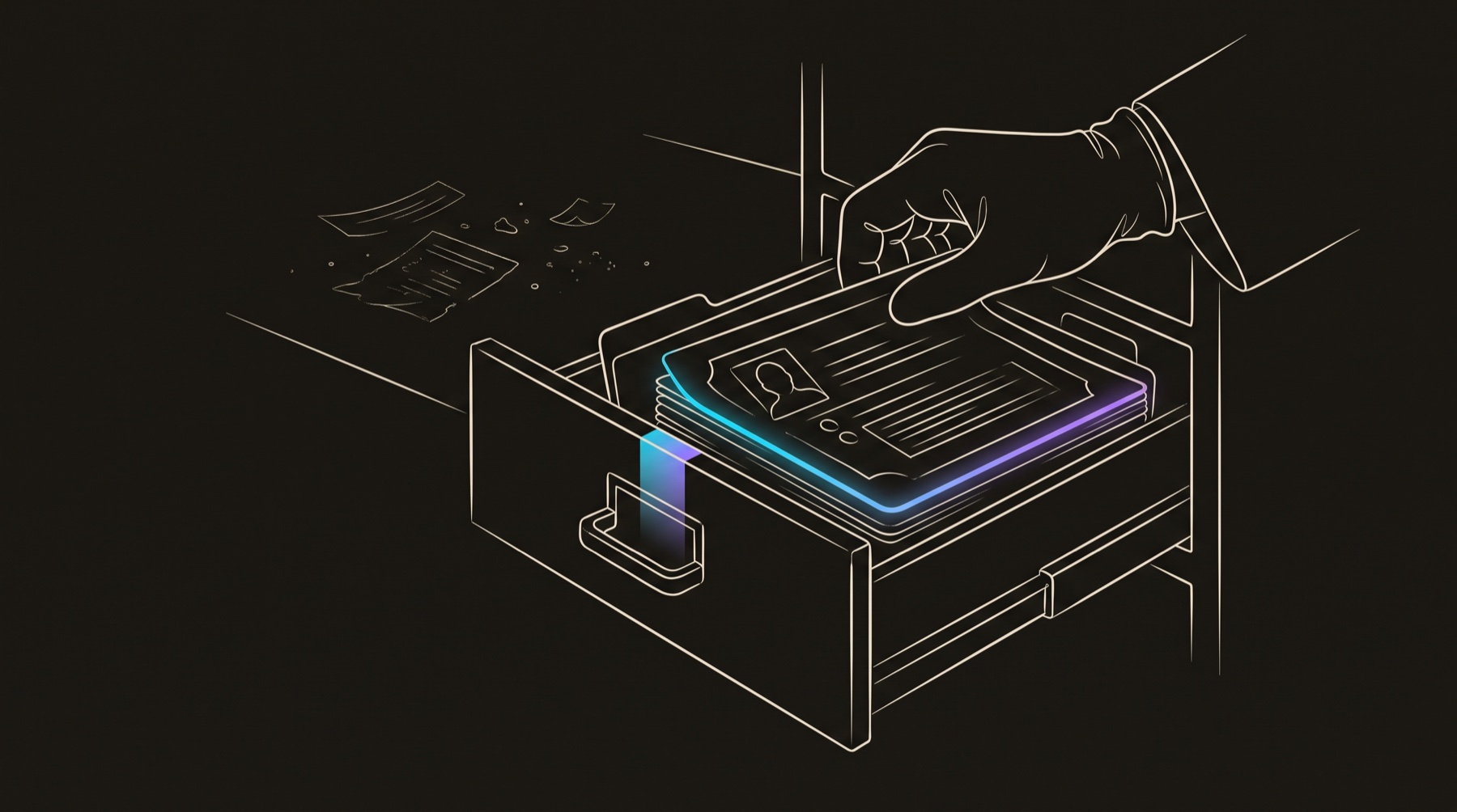 Line-engraving of a completed buyer dossier sliding into a clean CRM cabinet drawer after restoration, one gradient signal glowing along the repaired record edge.