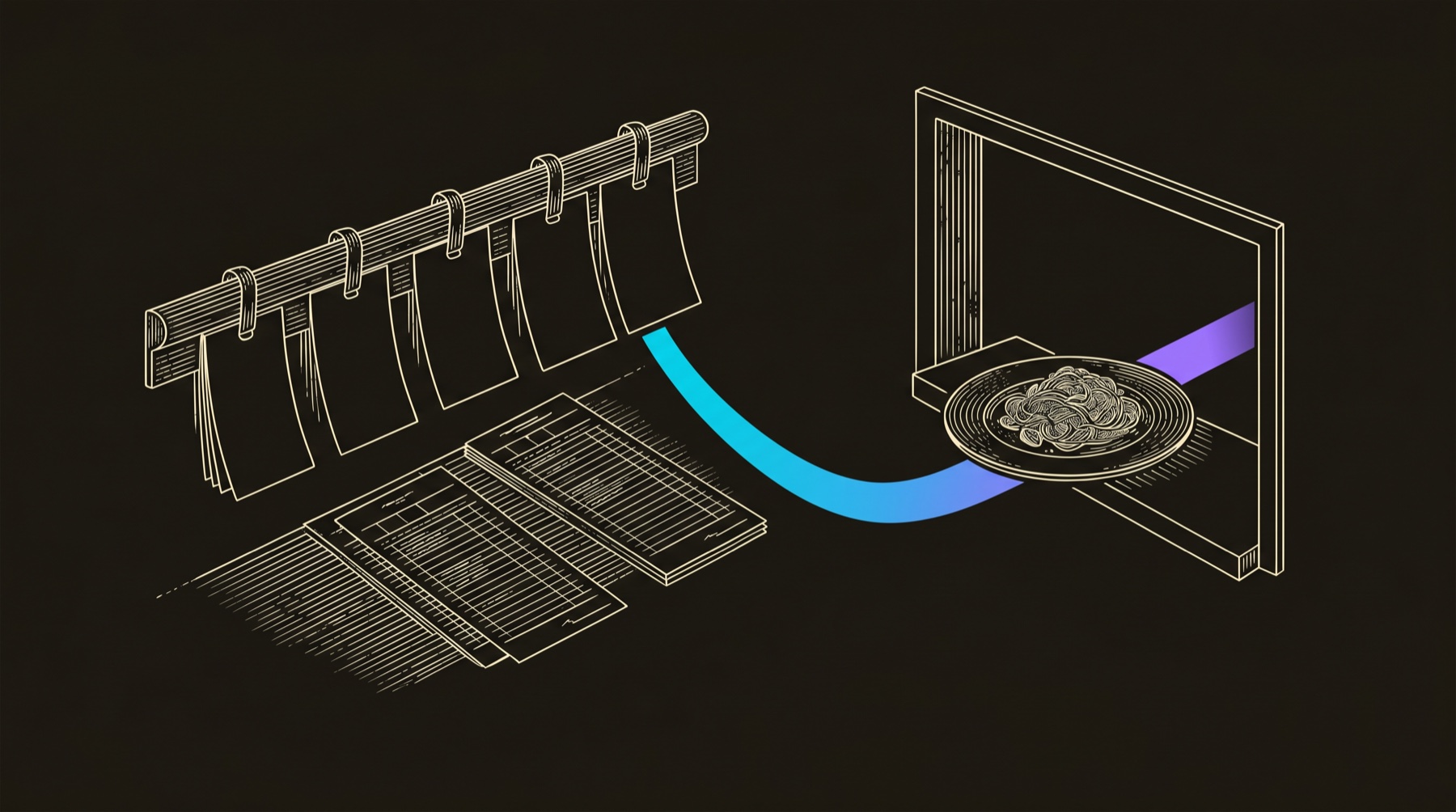 Line-engraving of the expeditor pass after service is under control, blank tickets clipped in order and one finished plate leaving the service window on a cyan-to-violet route.