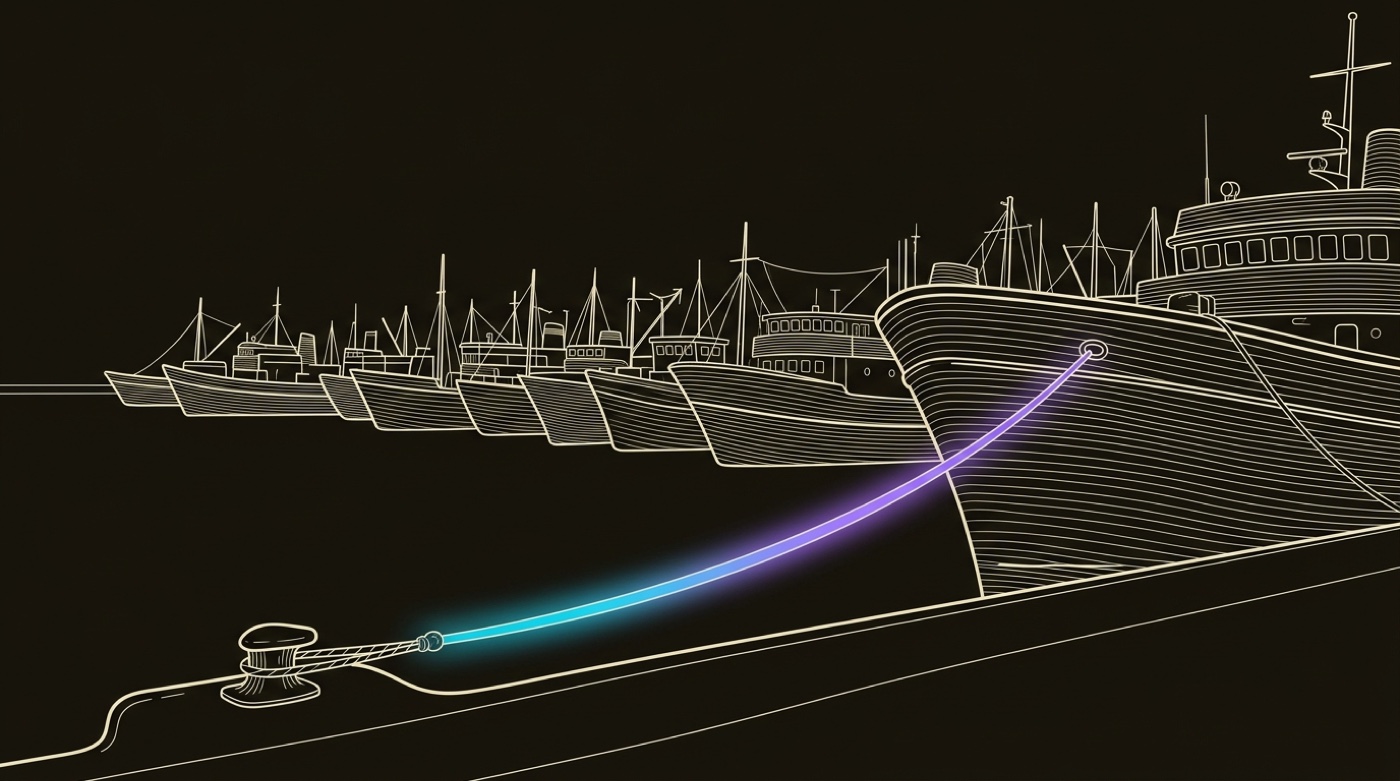 Line-engraving of ships arrived and moored in a full harbor beneath the same lighthouse, a single gradient mooring line drawn taut: the demand pulled all the way to the dock.