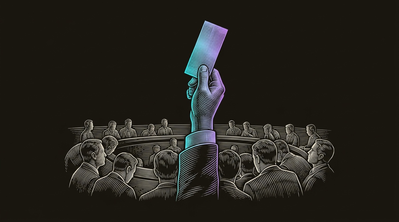 Line-engraving of one hand holding up the single winning ticket as the trading pit settles, a gradient signal glowing through it: the impression won at the right price.