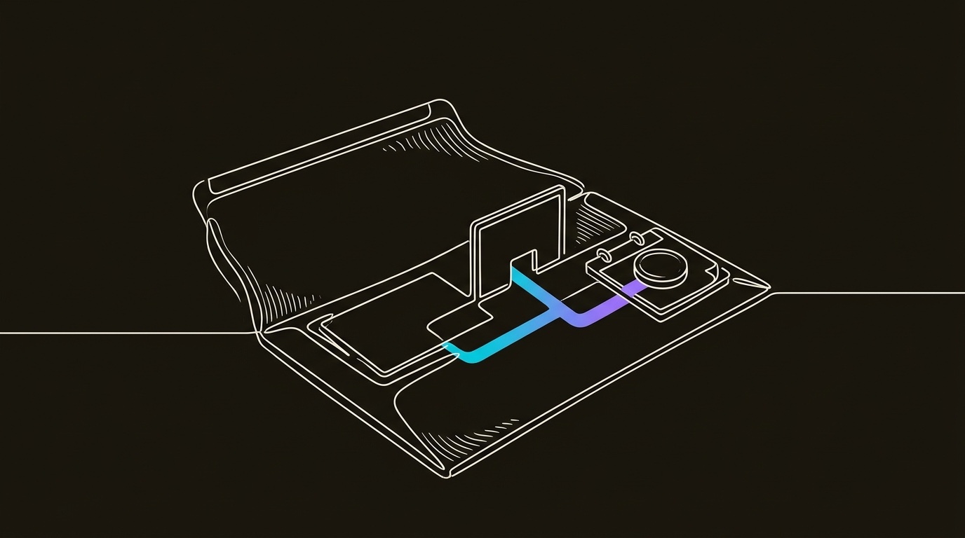 Line-engraving of an opened direct-mail parcel with a blank qualification card, microsite gate, and meeting token connected by one cyan-to-violet route: the campaign response qualified and booked.