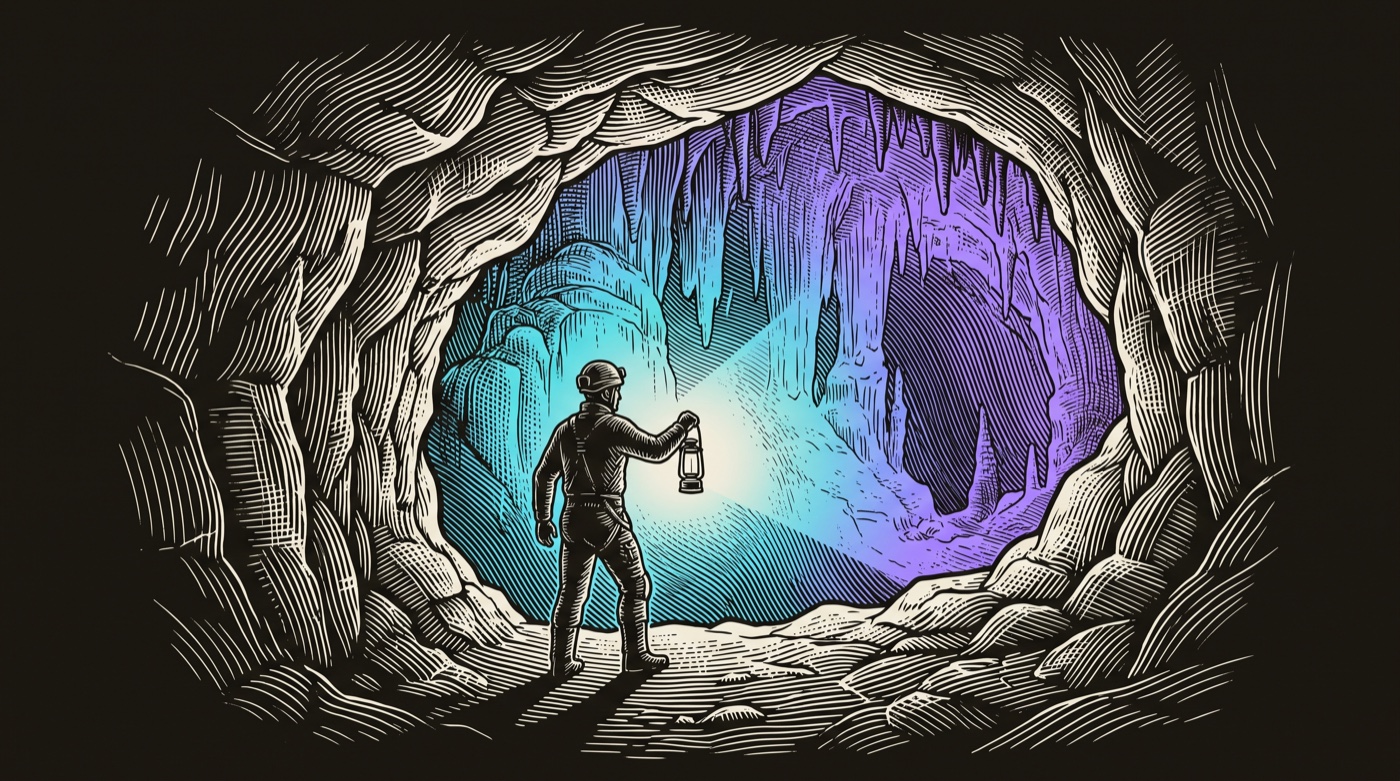 Line-engraving of the caver stepping through into a lit chamber, gradient light filling the space: the need uncovered, the deal path found.