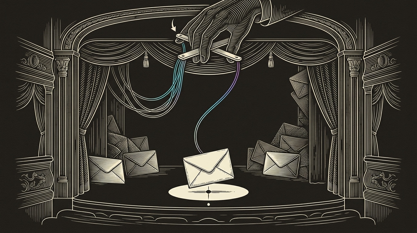 Line-engraving of the same marionette theater after the sequence has run, tangled strings sorted into one clean cyan-to-violet cord and one blank envelope resting in the final spotlight.