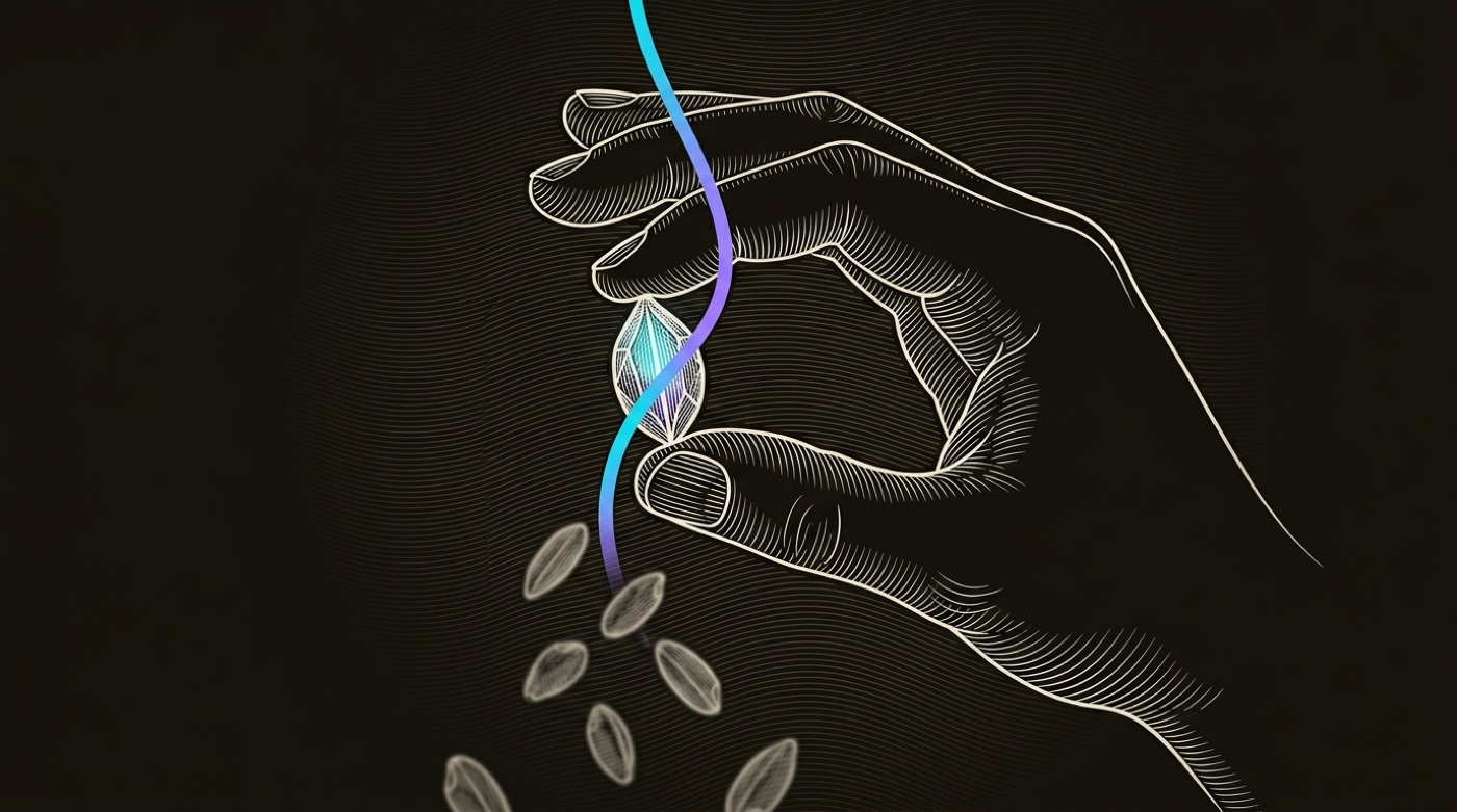 Line-engraving of a hand holding up the one bright faceted grain, a gradient signal thread running through it, the discarded ordinary grains falling away below.