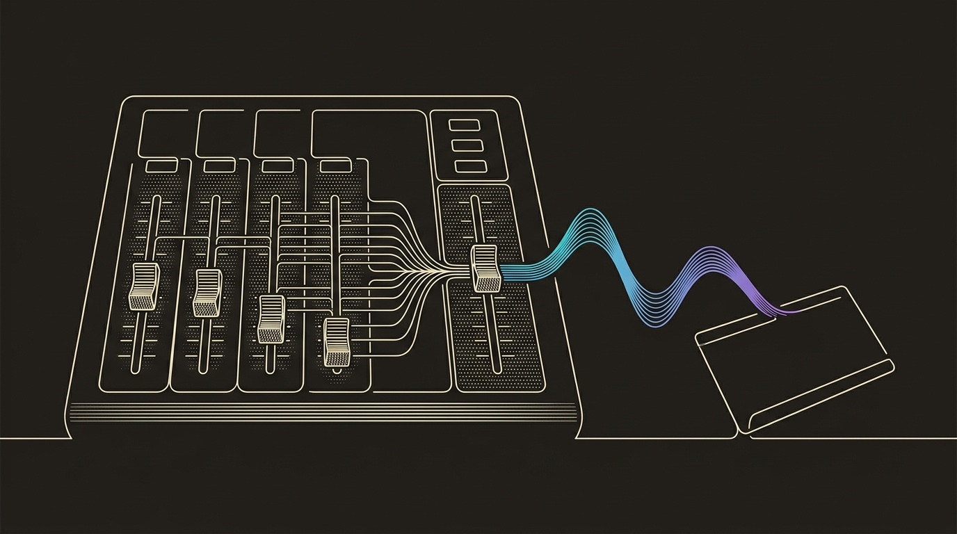 Line-engraving of the same podcast mixing desk after the episode channels are balanced, one clean gradient waveform leaving the master bus and landing on a reply card.